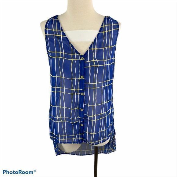 SWEET RAIN Blue & Yellow Plaid Open Back Blouse‎ - Picture 8 of 8